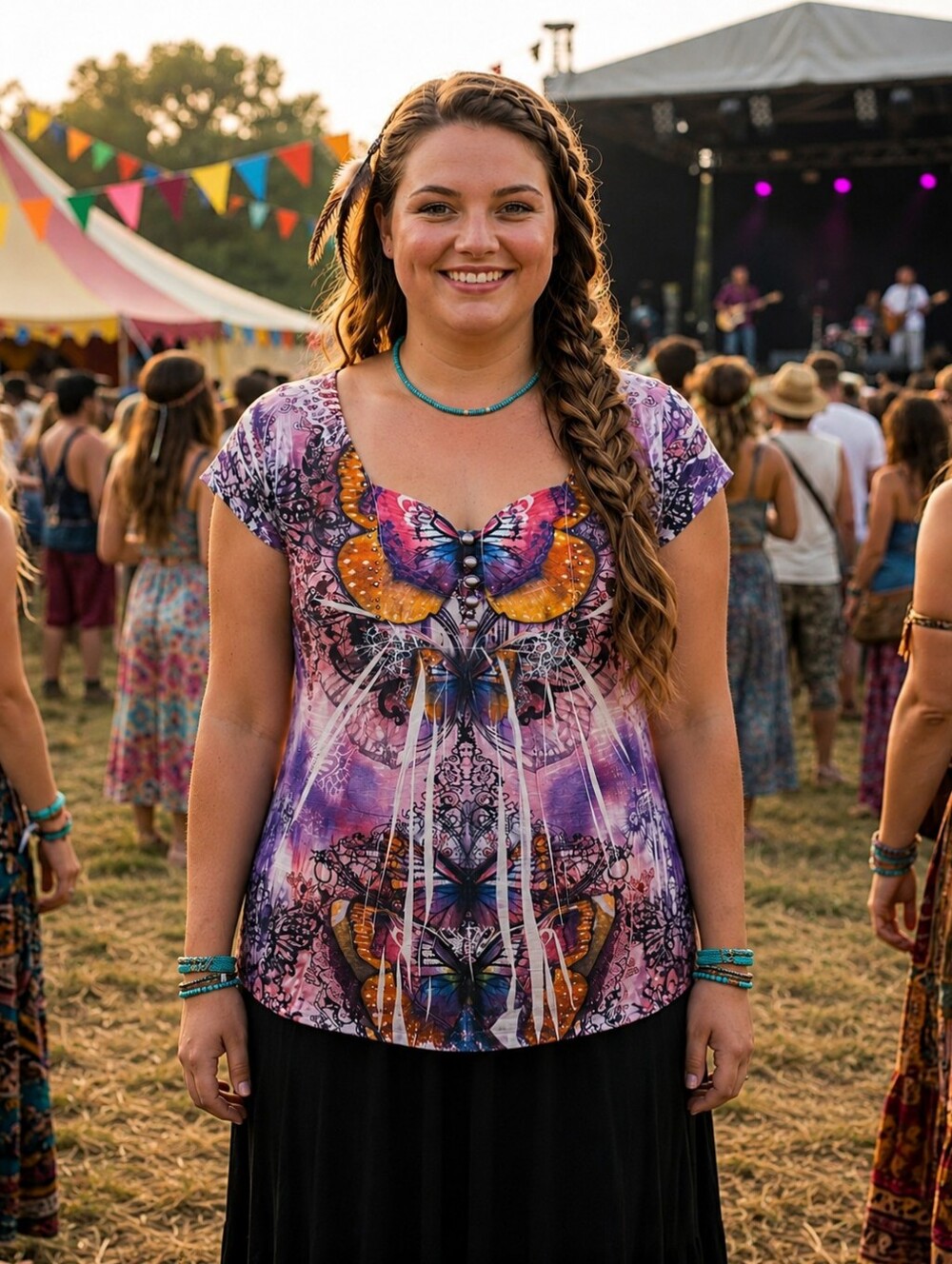 One World 1X Boho Butterfly Print Top – Vibrant Festival Style, Plus Size 1xl